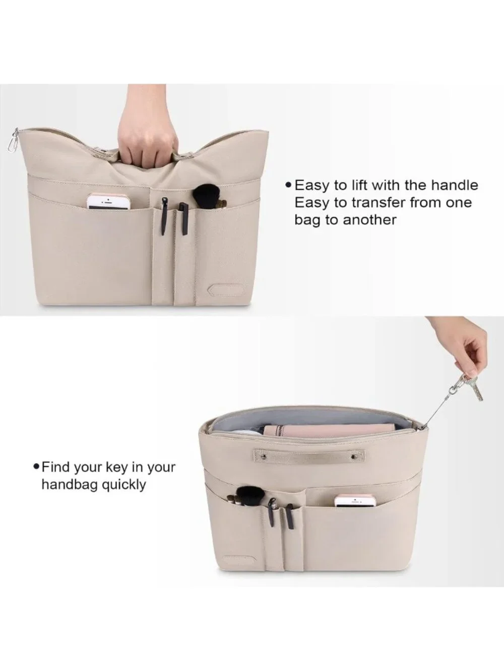 Zippered Handbag Organizer Insert with 15 Pockets for Tote Bags & Purses